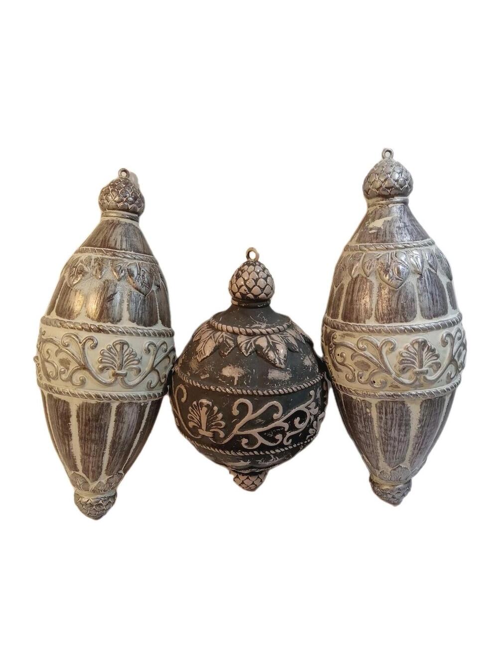 Jumbo Finial Ornament Lot Of 3  VTG Style Gray Distressed Holiday Decor 17" 14"